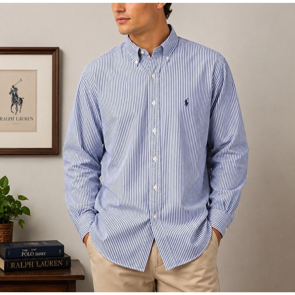 Ralph Lauren Yarmouth Blue White Stripe Oxford Button Down Shirt 17 32/33